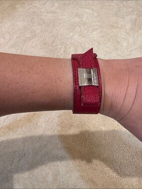 Hermes Red Leather Bracelet with Silver-Tone Clasp